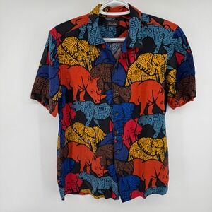 Tasso Elba Mens Silk Blend Safari Animal Print Short Sleeve Button Down Shirt S